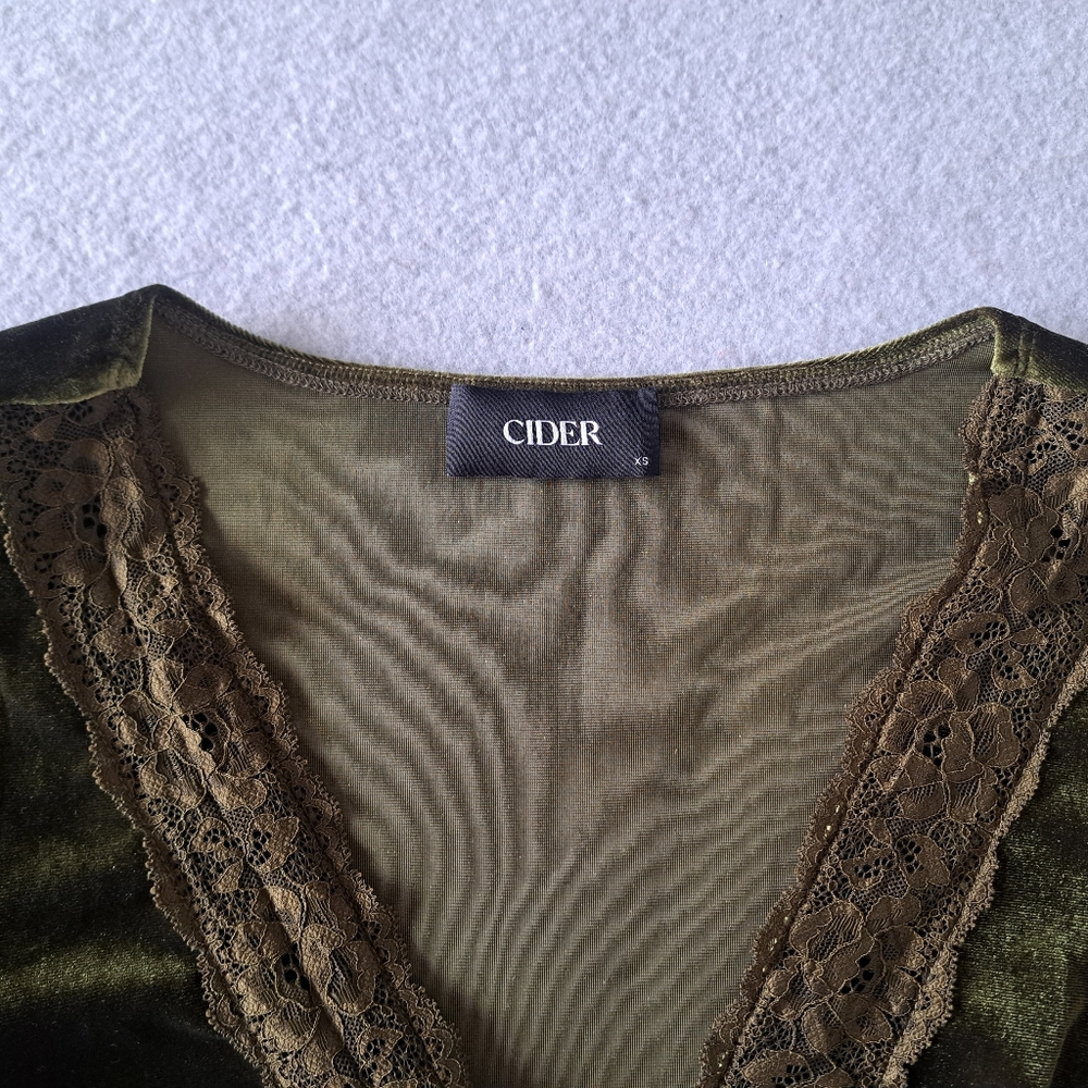 Cider Olive Velvet V-Neck Solid Lace Detail Mini Dress - Picture 2 of 14
